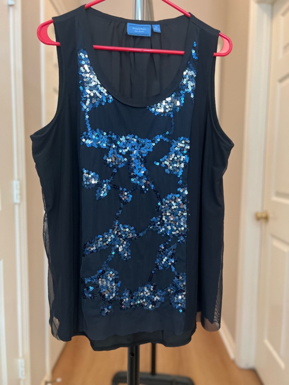 Simply Vera Vera Wang Black Mesh Tank with Blue Sequin Floral Design